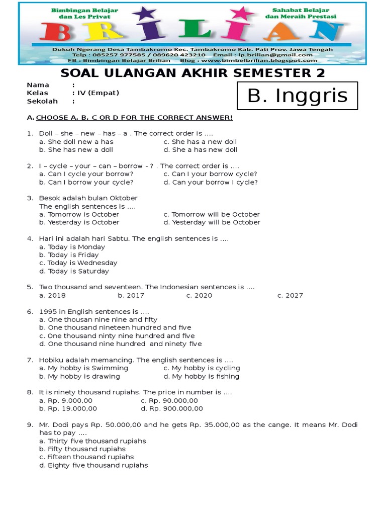 contoh soal essay bahasa inggris kelas 4 sd