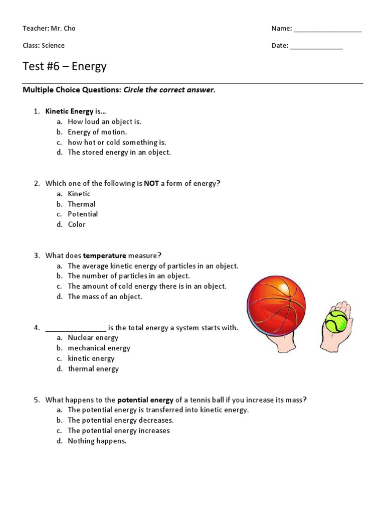 Test 6 Energy Multiple Choice Questions Circle The Correct Answer