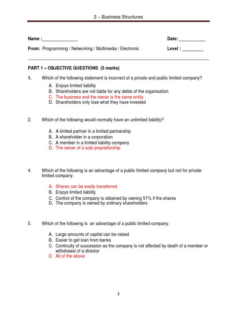2-Ans - Business Structures Objective and Subjective Questions | PDF ...