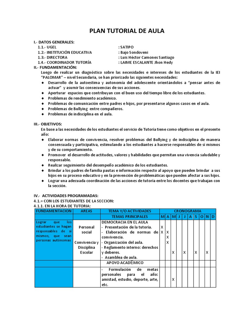 Plan Tutorial de Aula | PDF | Maestros | Salón de clases