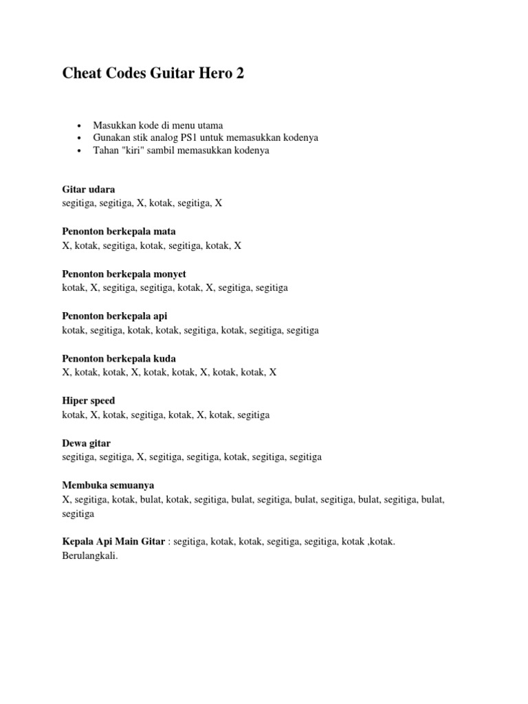 Guitar Hero 2 Cheat Codes Guide | PDF