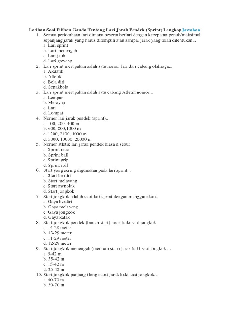 Soal Ujian Pilihan Ganda Tentang Lari Jarak Pendek