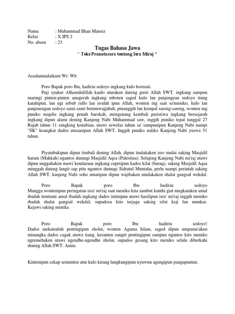 Contoh Pranatacara Pengajian Isra' Mi'raj Bahasa Jawa Singkat - tukaffe.com