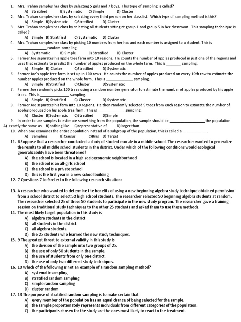 Quiz Research Sampling PDF Stratified Sampling Sampling (Statistics)
