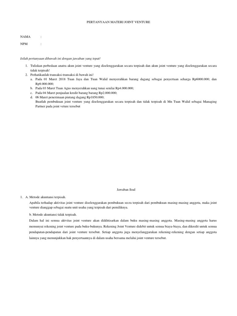 Pertanyaan Materi Joint Venture