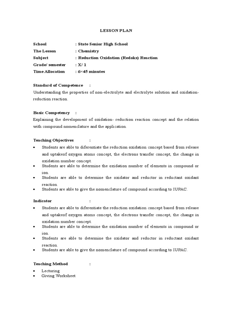 Redox Reaction Lesson Plan for Grade 10 | PDF | Redox | Ion