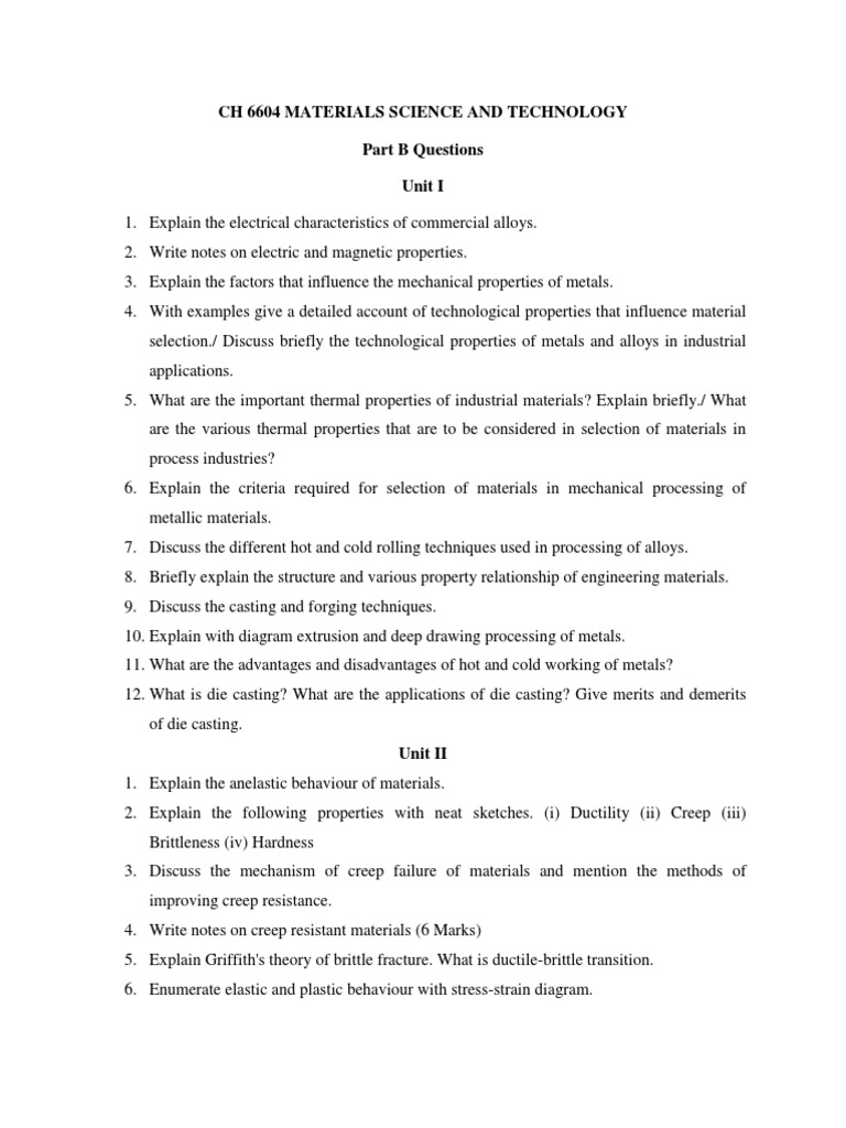 CH 6604 Materials Science and Technology Part B Questions Unit I | PDF ...