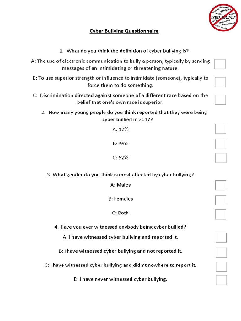 cyber bullying questionnaire Bullying Cyberbullying