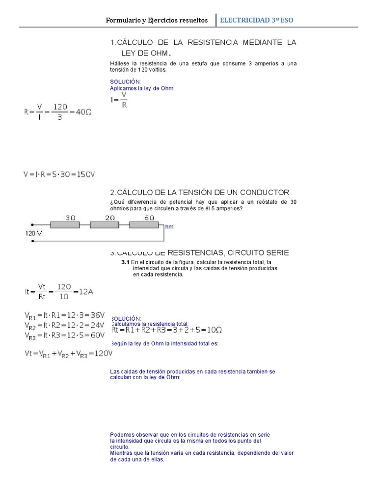 Ejercicios de Electricidad 3º ESO | PDF | Resistencia Eléctrica y ...