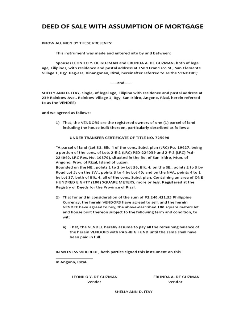 Deed of Sale With Assumption of Mortgage PDF Land Law Property Law