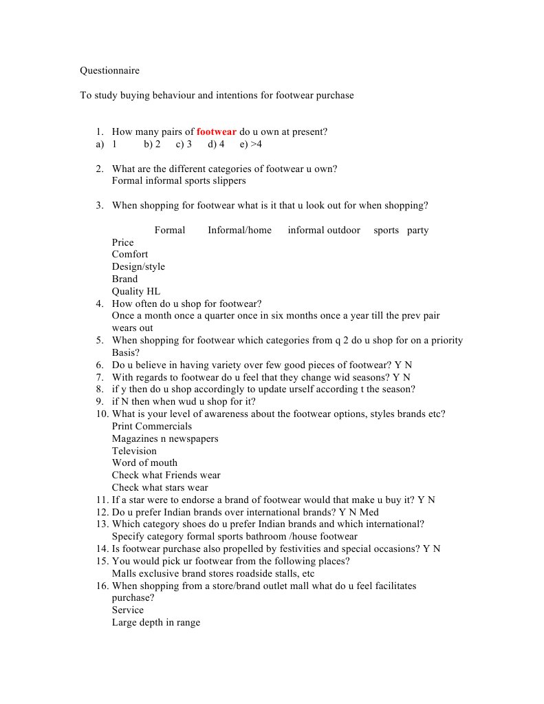 Questionnaire on Footwear Brand Retail