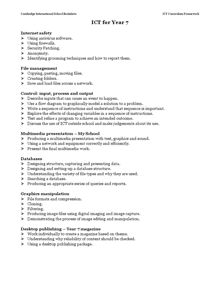 Year 7 ICT Curriculum Framework | PDF