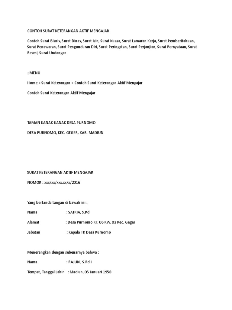 View Contoh Surat Keterangan Aktif Mengajar Guru Tk Images