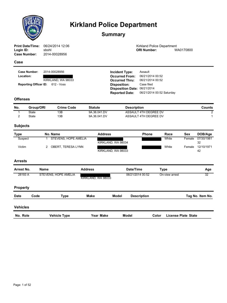 City of Kirkland Police Report Re Alleged Domestic Violence Incident