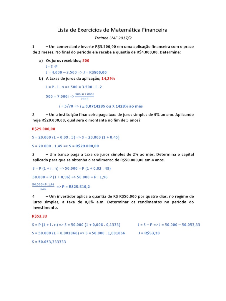 Exercícios de Matemática Financeira | PDF | Juros | Dívida