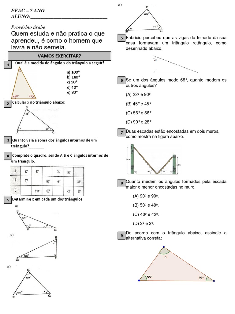 Atividade Sobre A Soma Dos Angulos Int de Triangulos-7 Ano | PDF