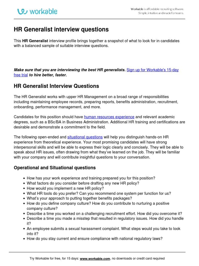 HR Generalist Interview Questions Guide | PDF | Recruitment ...