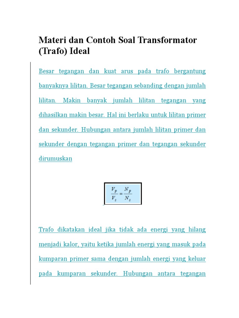 Materi Dan Contoh Soal Transformator