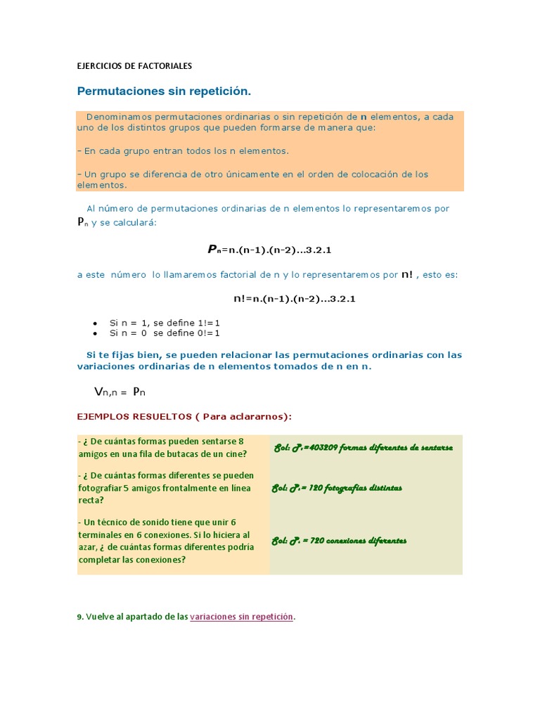 Ejercicios de Factoriales y Combinatoria | PDF | Combinatoria ...