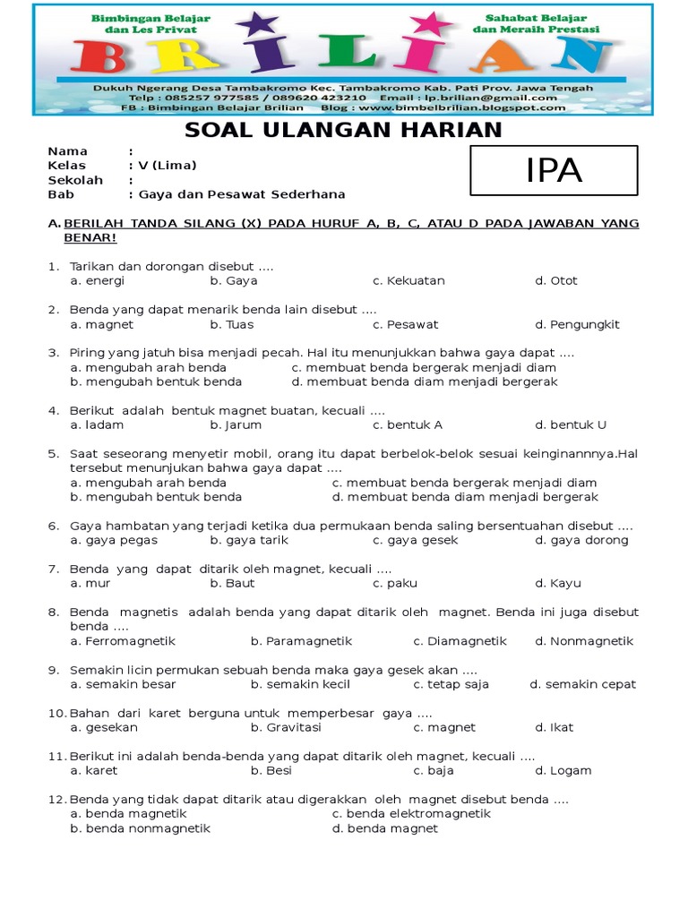 Soal IPA Kelas 5 SD Bab 5 Gaya Dan Pesawat Sederhana Dilengkapi Kunci