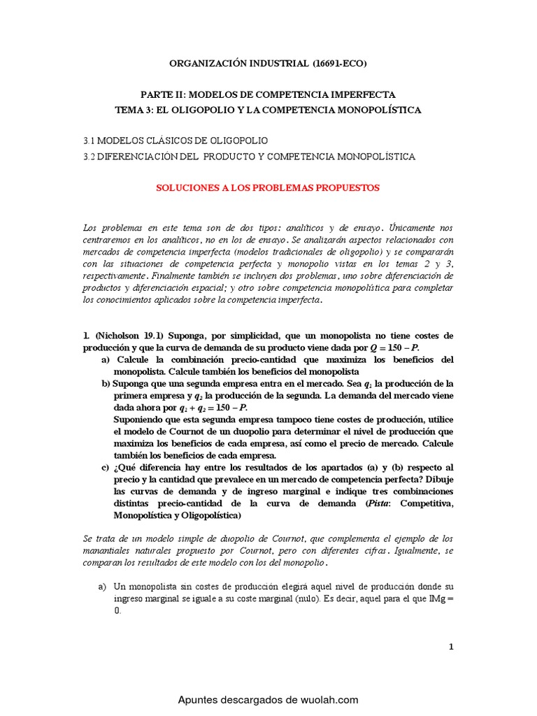 Ejercicios de Monopolio y Oligopolio | PDF | Monopolio | Mercado (economía)