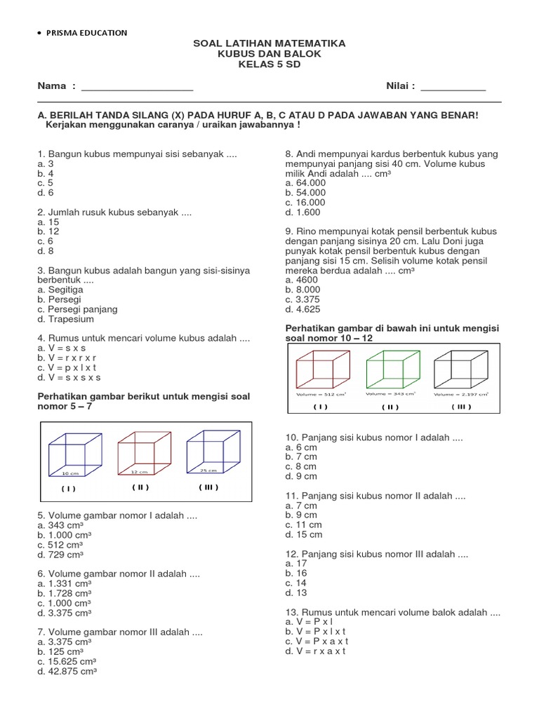 Soal Kubus Dan Balok Sd