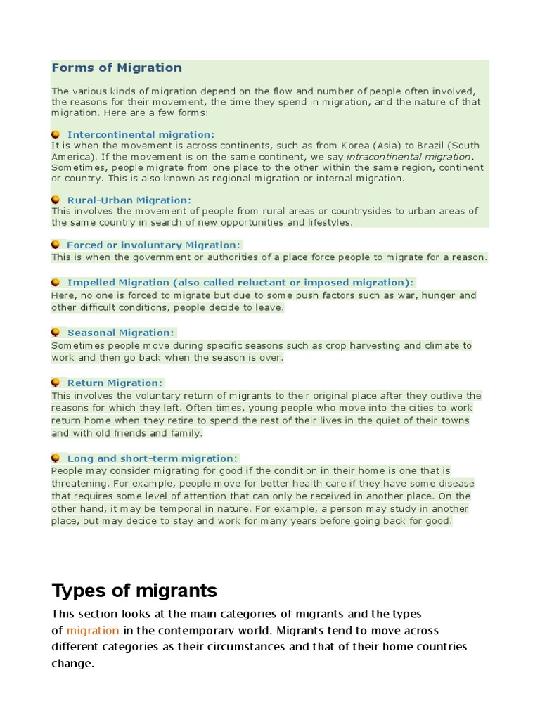 Types and Forms of Migration Explained | PDF | Immigration | Human ...