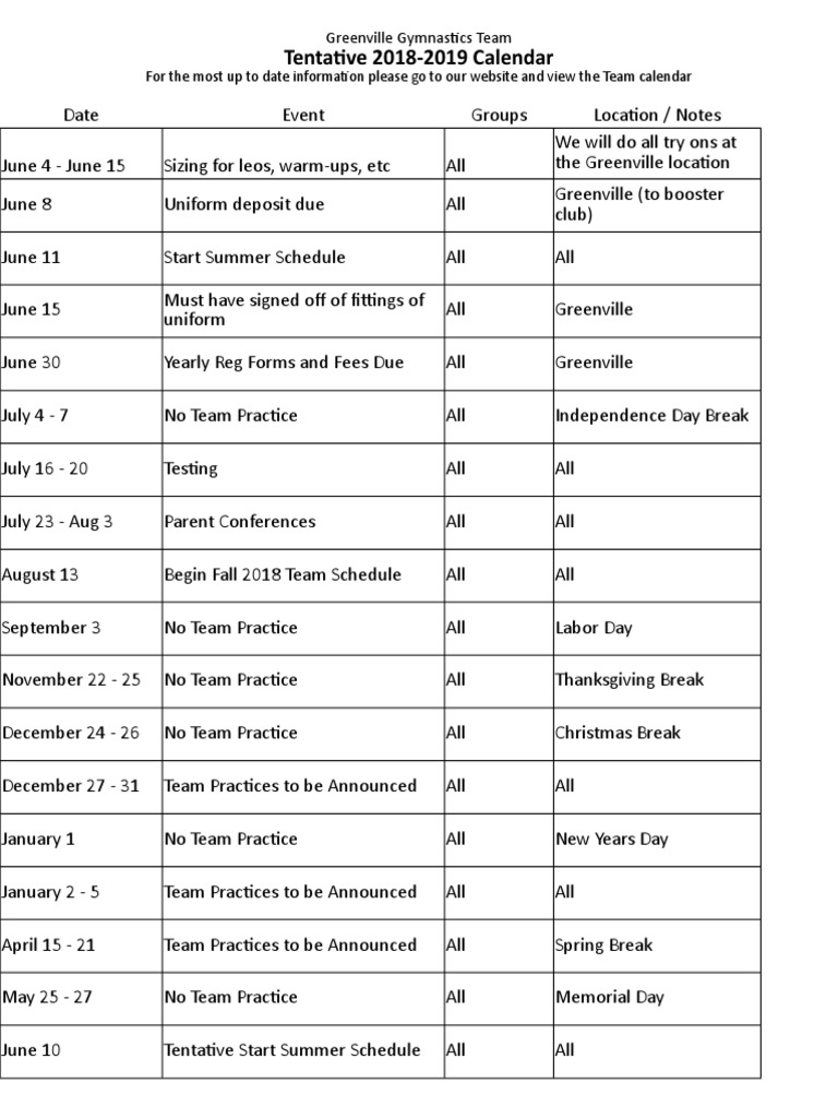 2018 Tentative Team Schedule | PDF