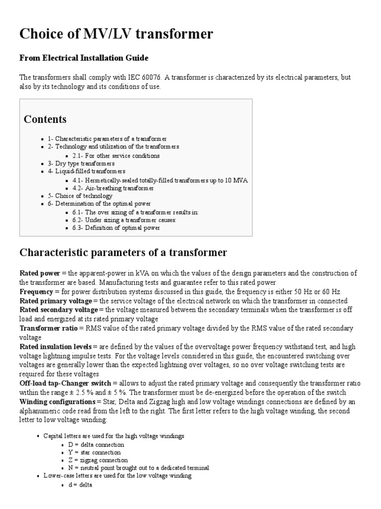Choice of MV - LV Transformer - Electrical Installation Guide | PDF ...