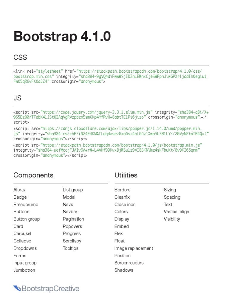 Bootstrap 4 Cheat Sheet v410 | Download Free PDF | Bootstrap (Front End ...