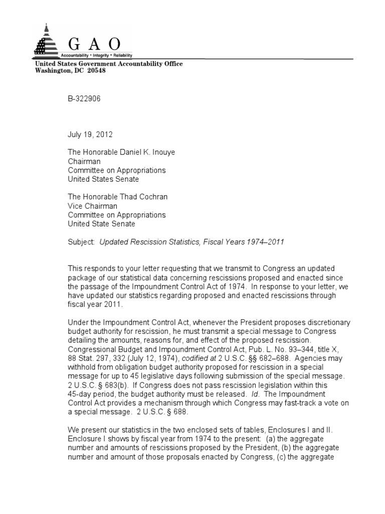 GAO Recissions 1974-2011 | PDF | Rescission | Appropriations Bill ...