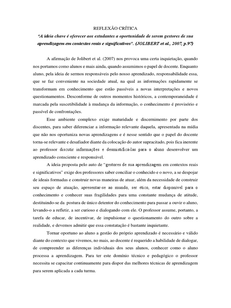 Reflexão Crítica na Aprendizagem Ativa | PDF | Aprendizado | Conhecimento