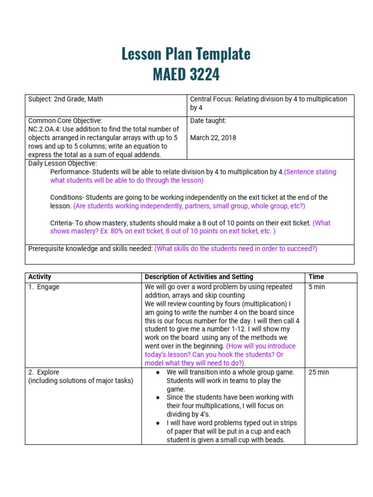 2nd Grade Math Lesson Plan: Division by 4 | PDF | Lesson Plan ...