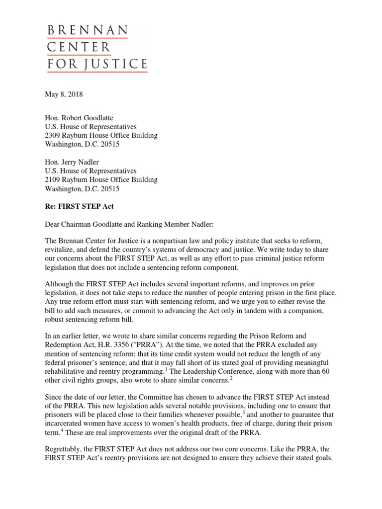 Letter To Congress On The FIRST STEP Act PDF Prison Incarceration