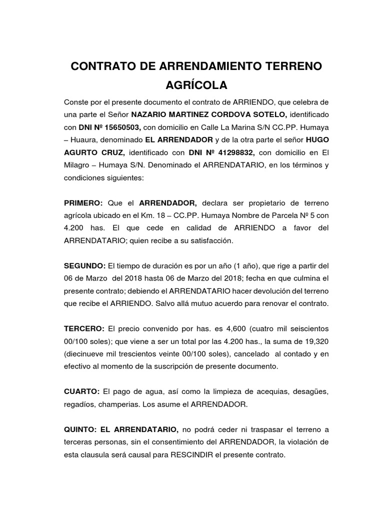 Contrato de Arrendamiento Terreno Agrícola | PDF | Virtud | Derecho  contractual