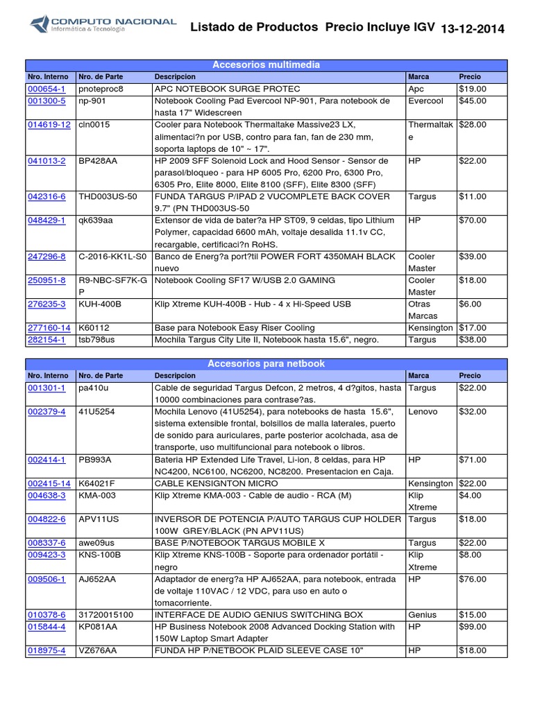 Lista Precios Computo Nacional Pdf Ordenador Portatil Computadoras Personales