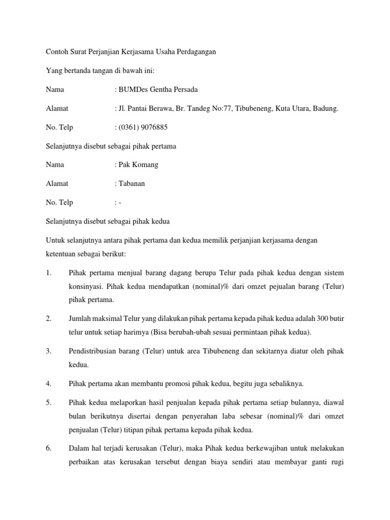 Contoh Surat Perjanjian Kerjasama Usaha Perdagangan Mou Pdf