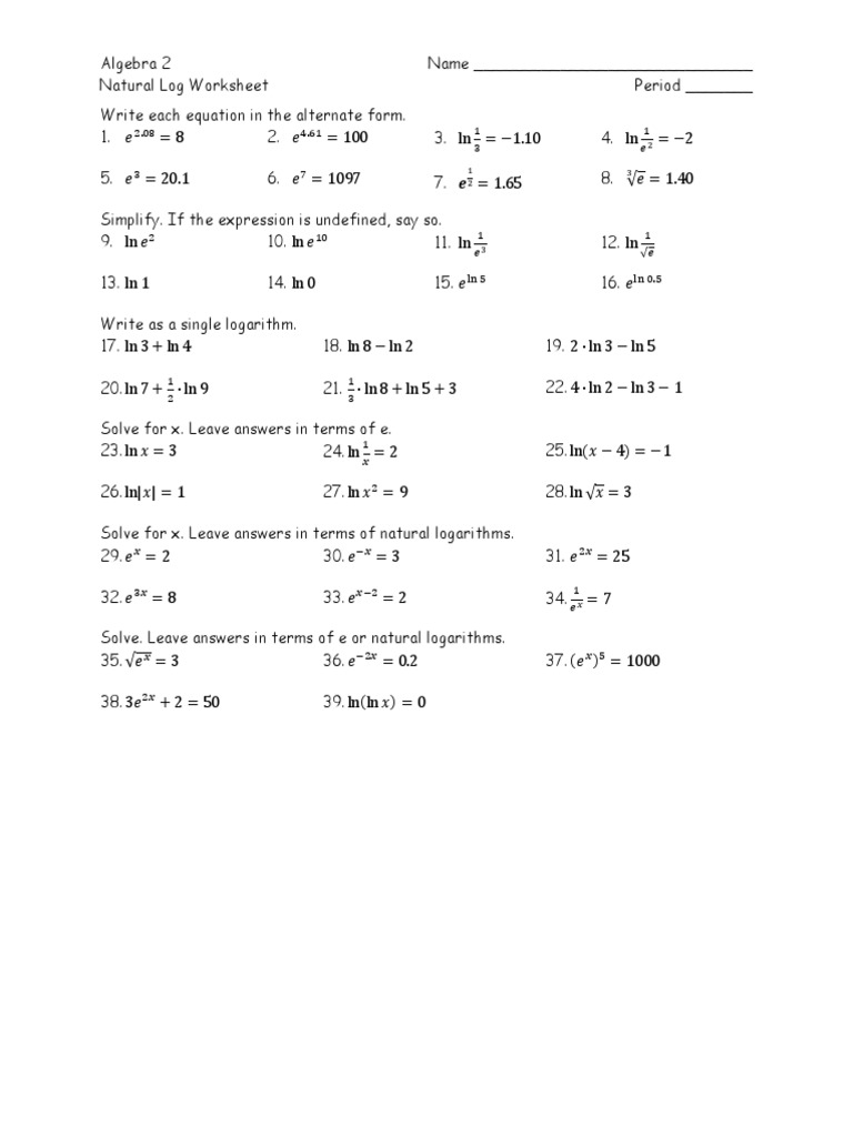 Natural Log Worksheet  PDF With Logarithm Worksheet With Answers