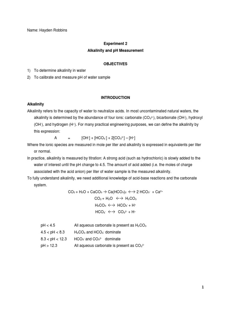 Experiment 2 Alkalinity and PH Measurement | PDF | Alkalinity | Bicarbonate