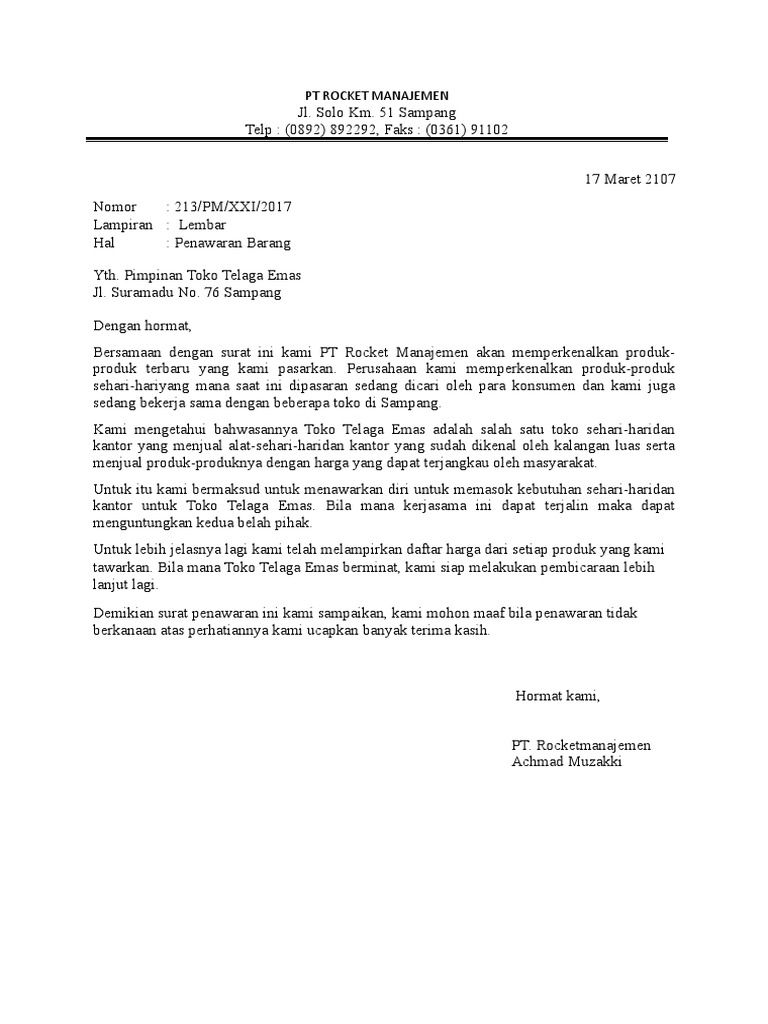 Contoh Surat Penawaran Barang Pdf