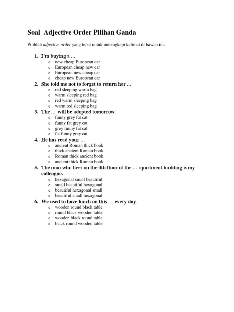 Soal Adjective Order Pilihan Ganda: o o o o o o o o o o o o o o o o | PDF
