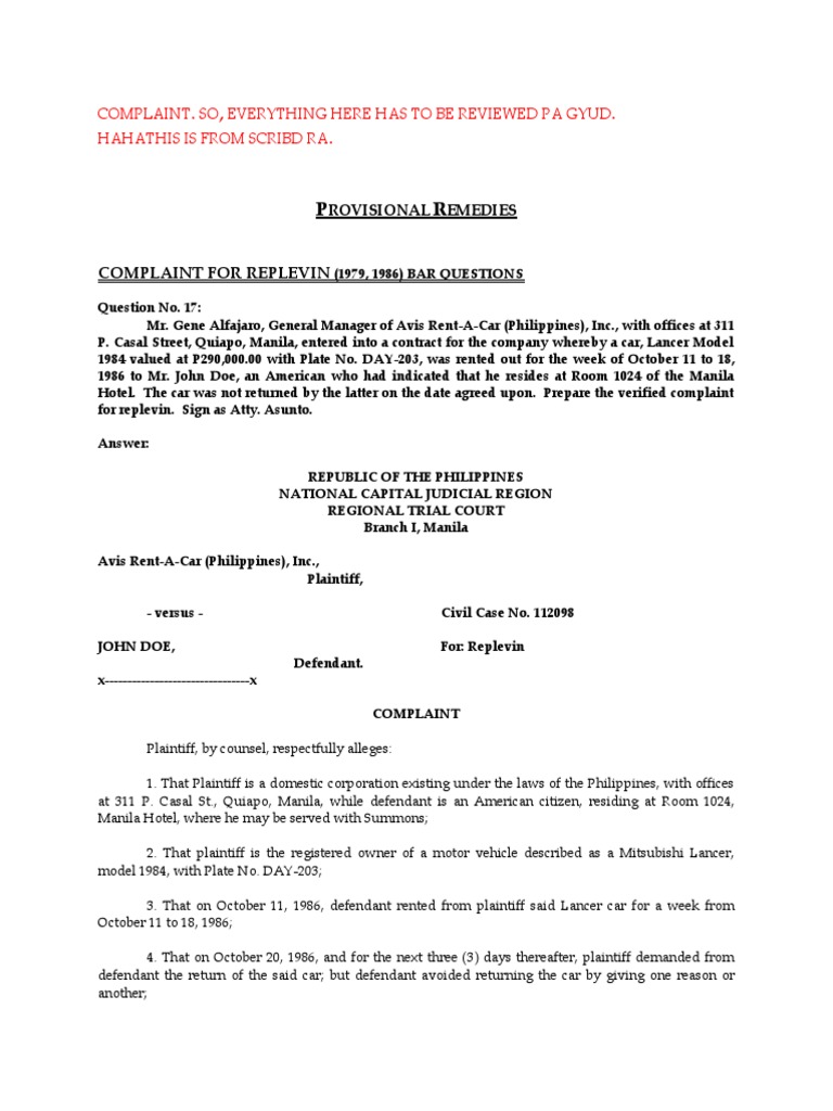 Sample Replevin | PDF | Plaintiff | Complaint