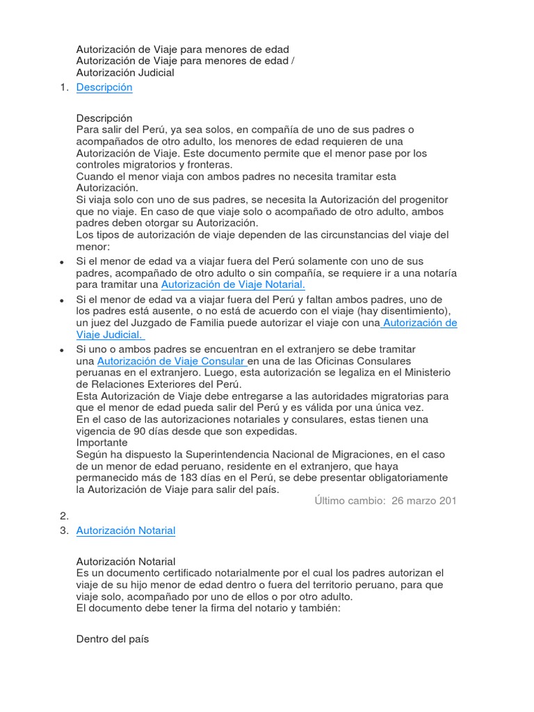 Autorización de Viaje para Menores de Edad | PDF | Cónsul (representante) |  Perú