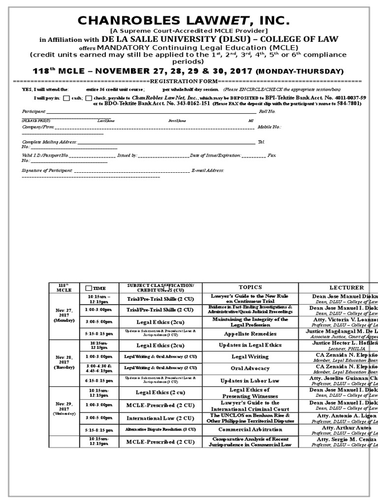Registration Details and Schedule for the 118th MCLE Mandatory