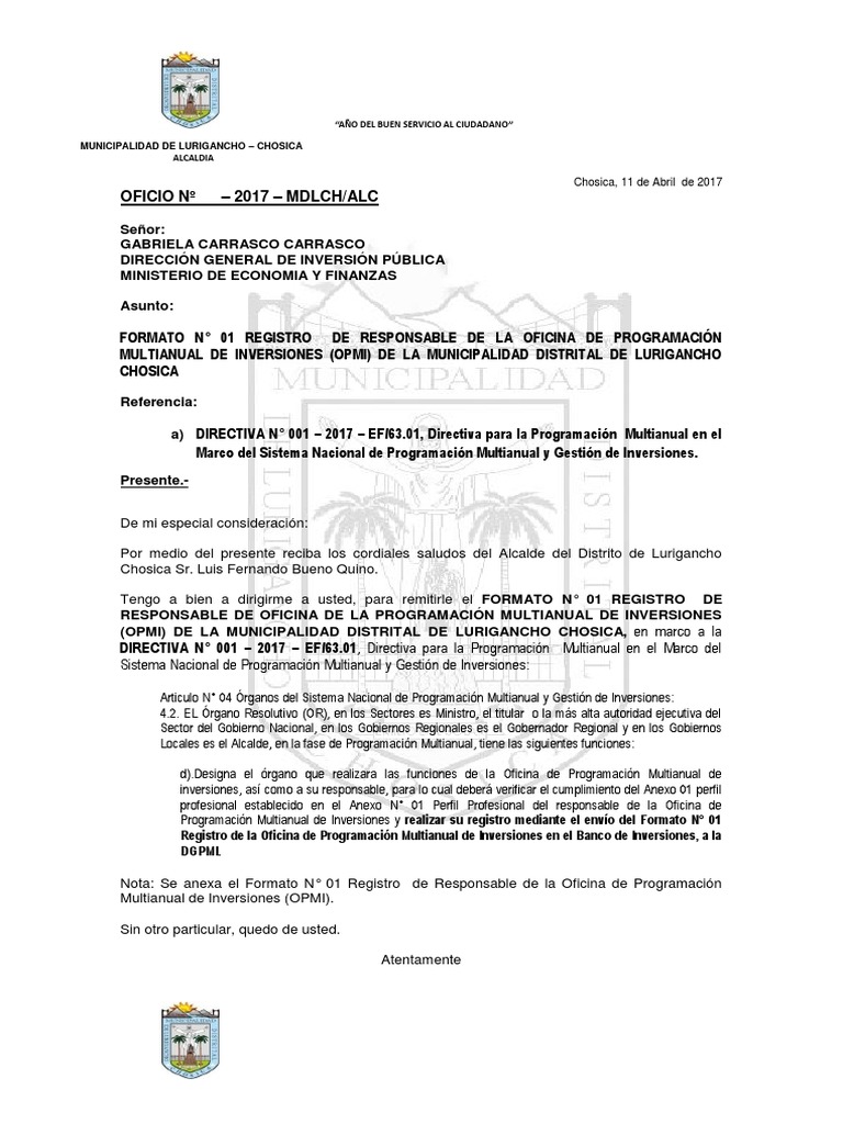 OFICIO DGPI MEF Chosica Reformuldo Pmi Alcalde Gobierno