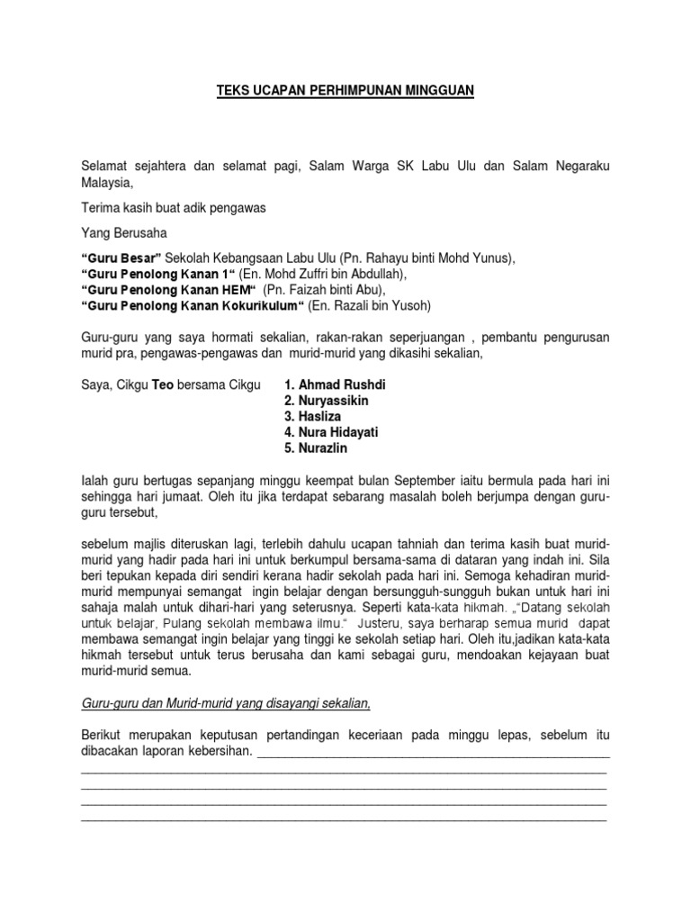 Teks Ucapan Perhimpunan Mingguan Minggu 3 Pdf