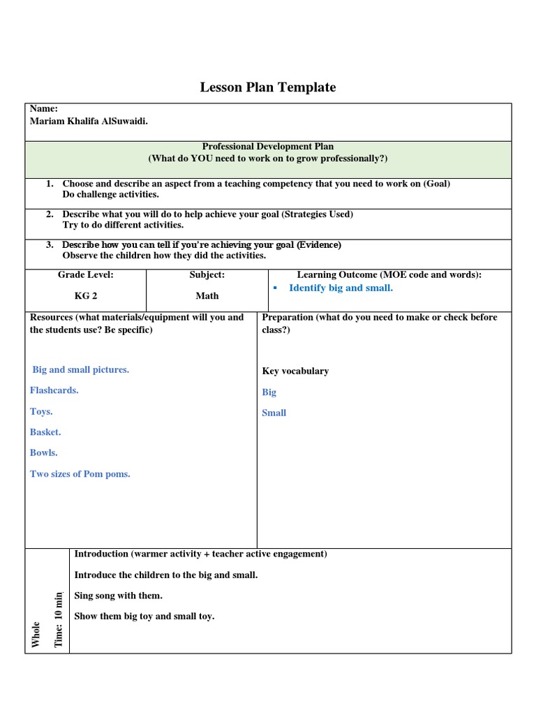 Lesson Plan Template: Identify Big and Small | PDF | Lesson Plan | Change