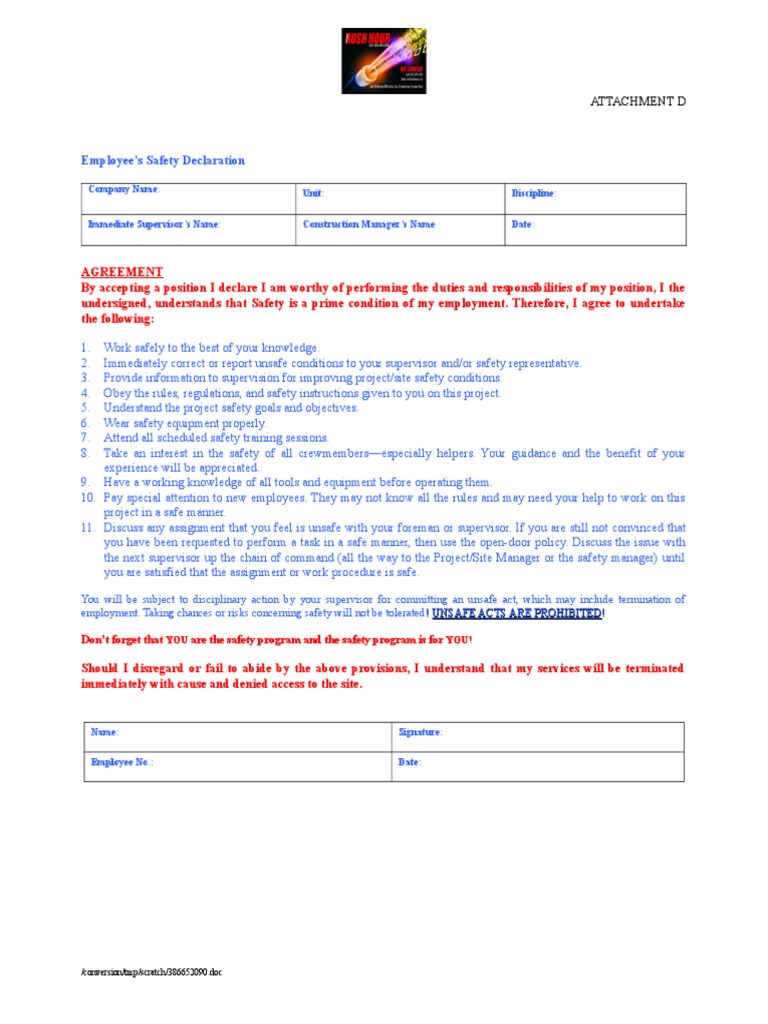 Employee Safety Declaration Supervisor Safety