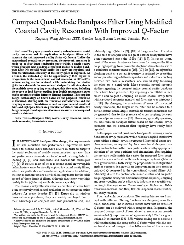 Compact QuadMode Bandpass Filter Using Modified Coaxial Cavity