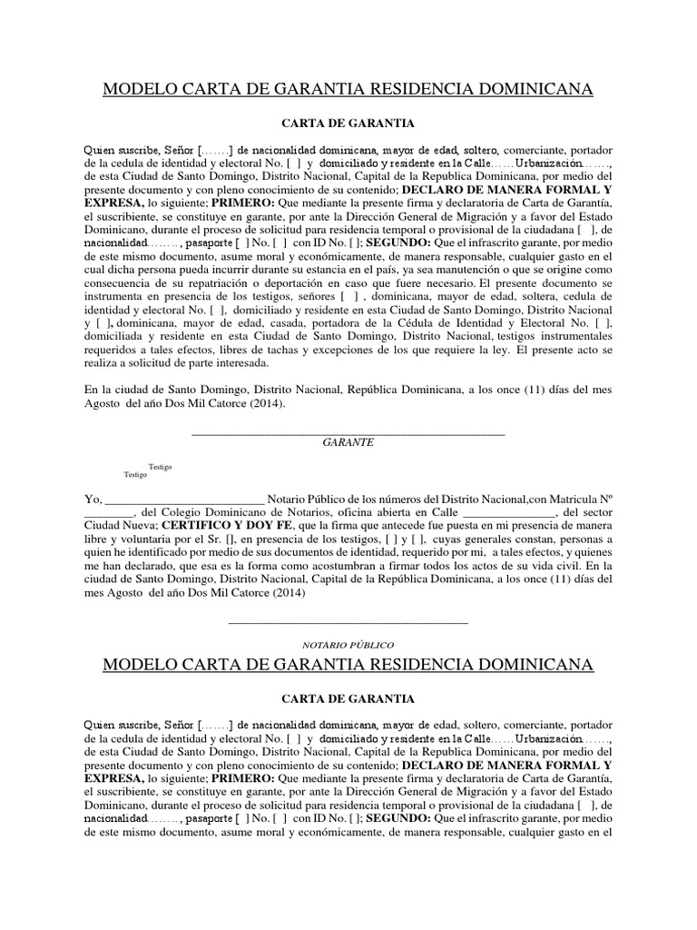 Modelo Carta De Garantia Residencia Dominicana Republica Dominicana Gobierno